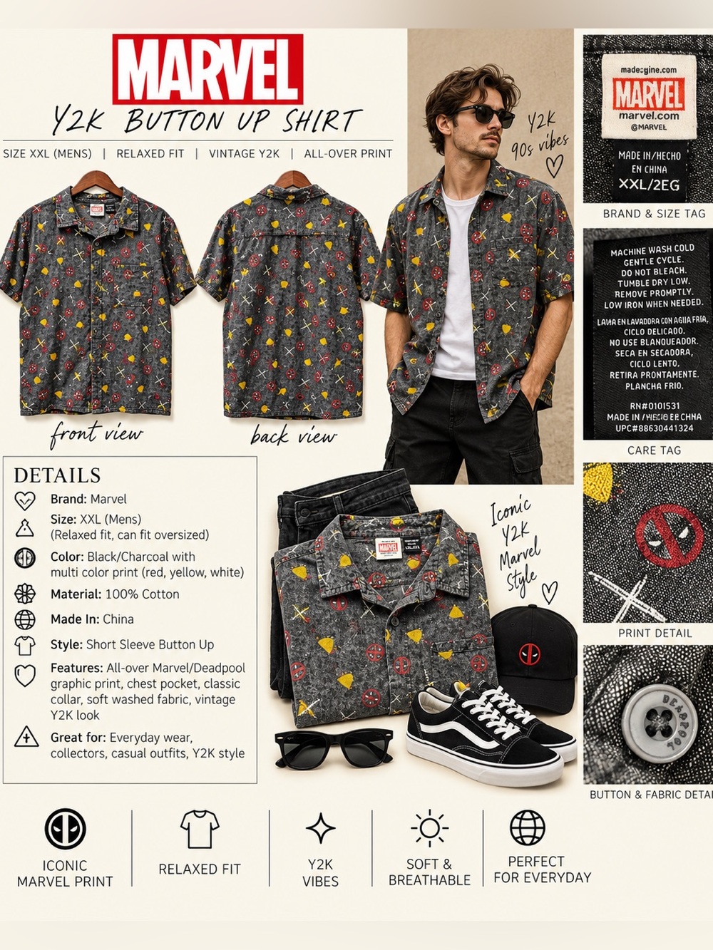 Marvel Men’s Black/Charcoal Short-Sleeve Button-Up Shirt with All-Over Print
